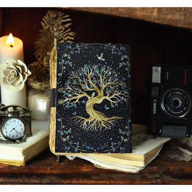 200  Page Large Grimoire Vintage Leather Journal, Tree of Life Fat Journal, Blank Spell Book of Shadows Celestial Gifts For Him Her