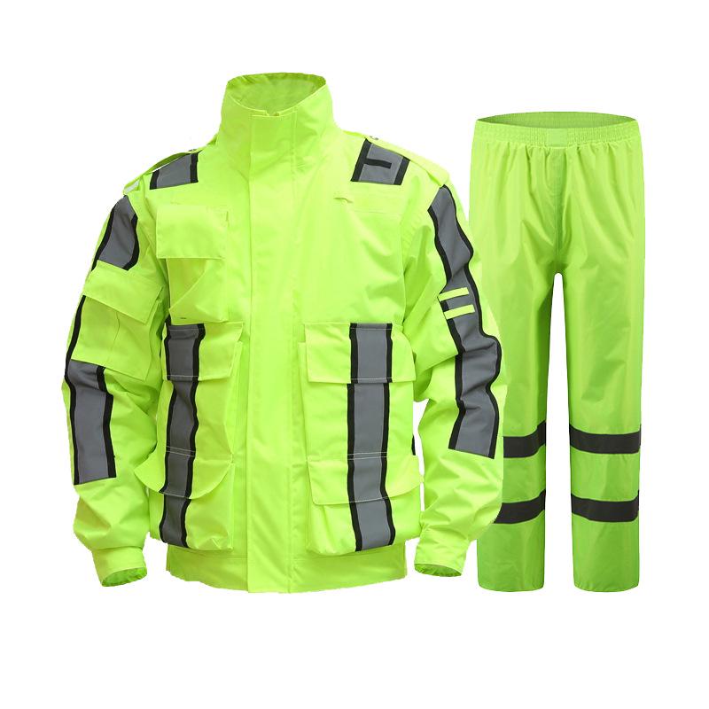 Stormproof Reflective Raincoat Workwear Set - Double-Layer Waterproof Two-Piece for Outdoor Traffic Duty