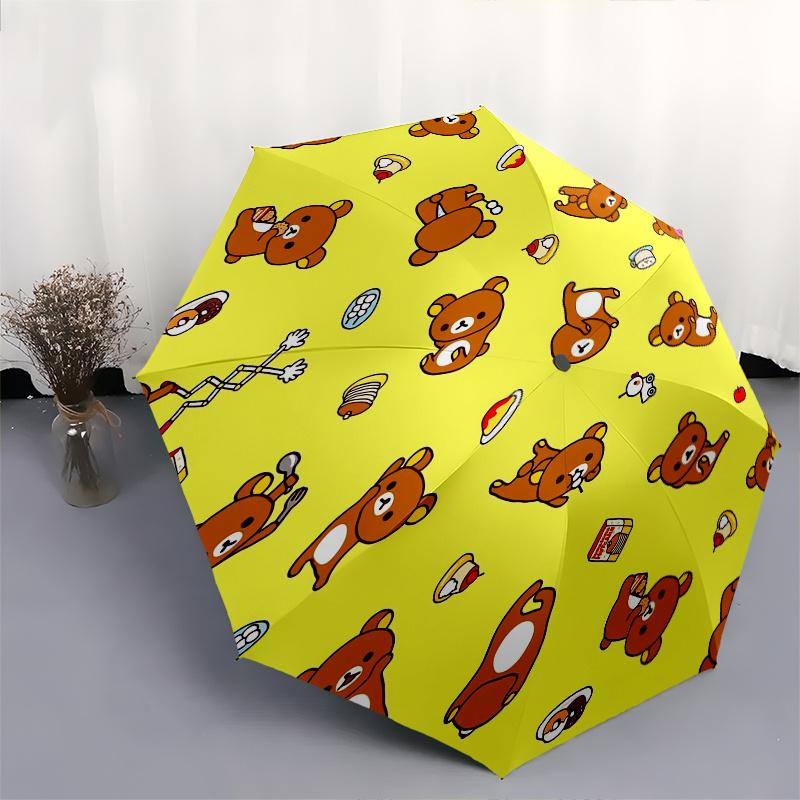Rilakkuma,Yellow Automatic Folding Umbrella Simple 8 Rib Design, Bright Cartoon Pattern, Durable Iron Frame, Suitable For Travel, Outdoor, B