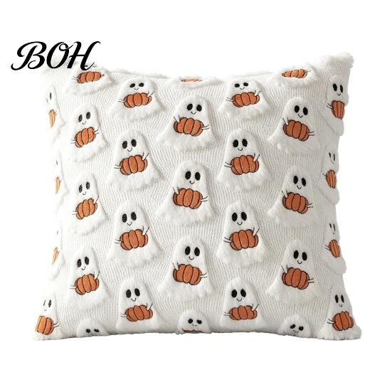 Black White Ghost Cushion Cover Halloween Cover, Plush Embroidered Throw Pillow 18x18 Home Decor Inch Cute Case for Sofa Bed Cozy Living Room Accents