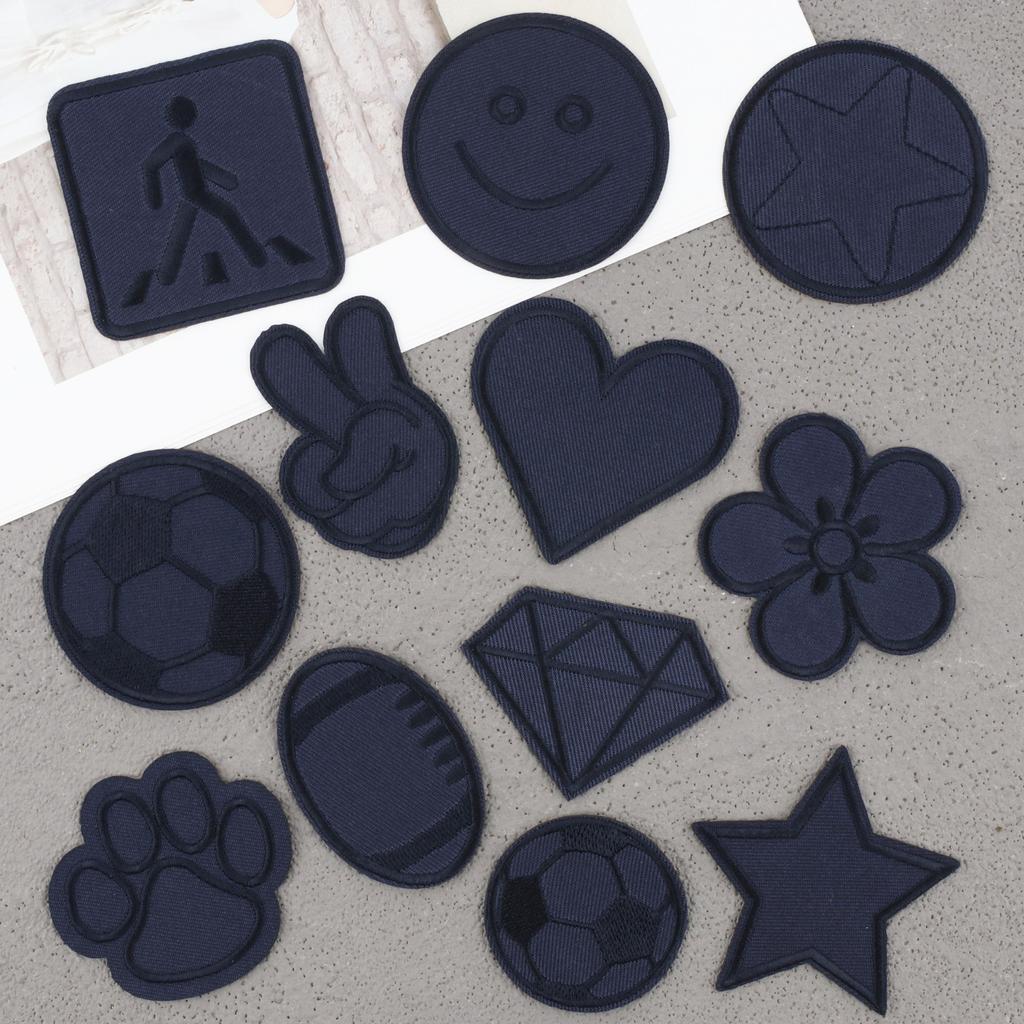 New Embroidery Cloth Sticker Navy Blue Twill Smiley Face Patch Sticker Computer Embroidery Chapter Boy Love Ironing Pentagram