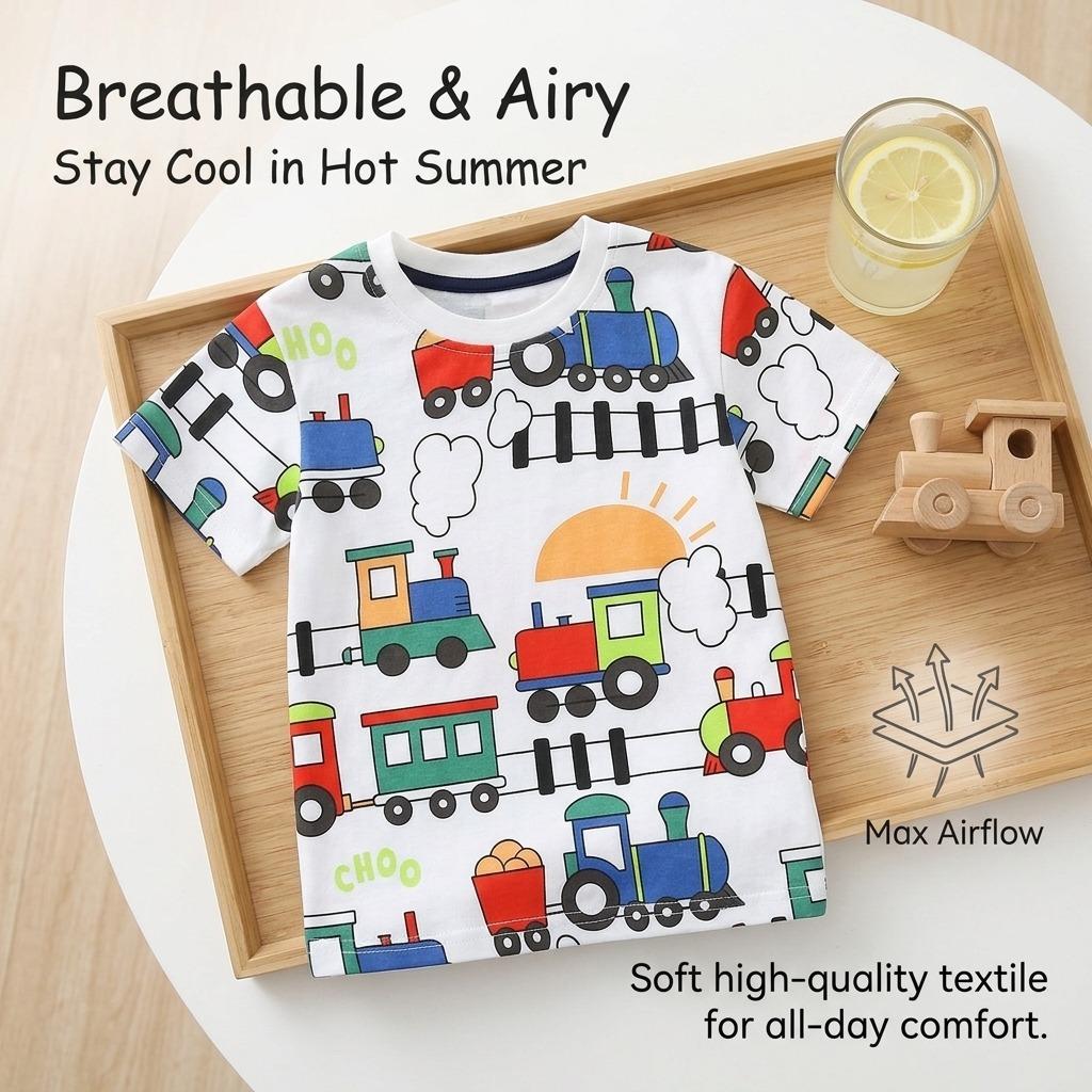 Summer New Product: Boys' Short-Sleeve T-Shirt With Cartoon Train Print Pullover Casual Round-Neck Top For Young Children