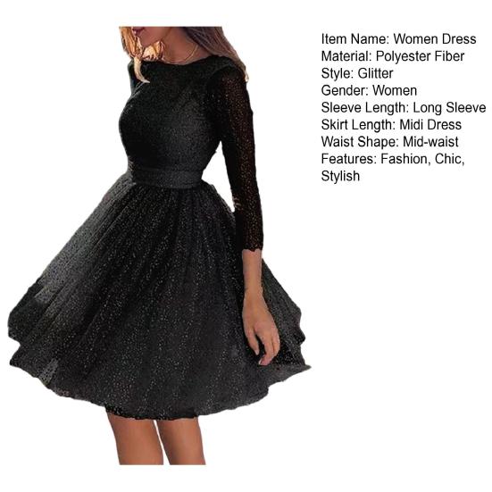 Glitter Starry Tulle Prom Dress For Women Long Sleeve Crew Neck Formal