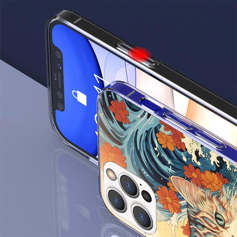 Anime Cat Sea Wave Aesthetic Cover Phone Case For iPhone 16 17 Air 15 14 Pro Max 16E Phone Case 13 Mini 12 11 7 SE 8 Print Patte