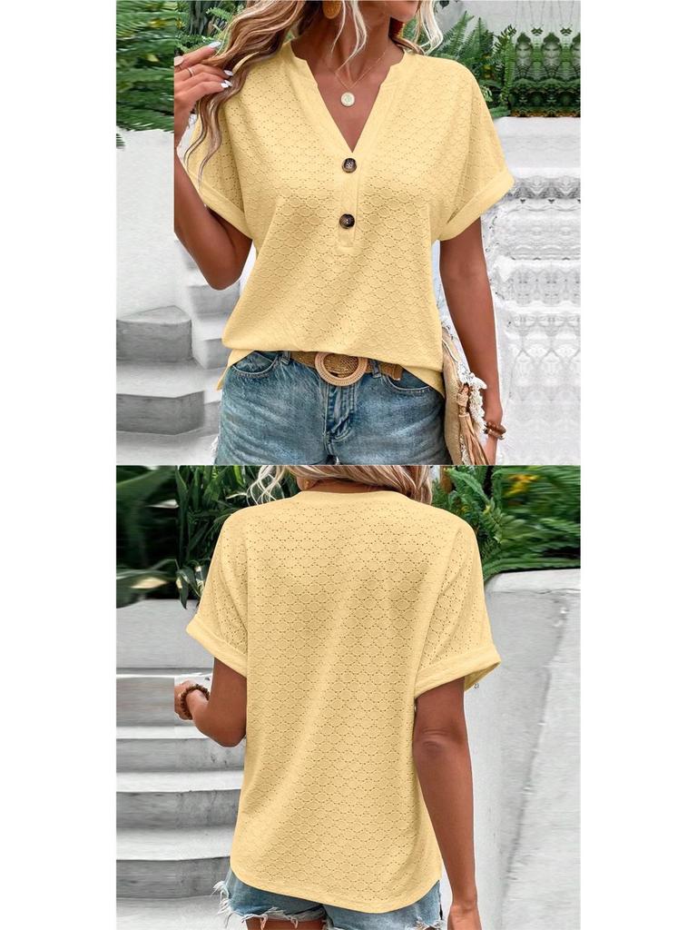 Spring/Summer 2026 Women's Casual V-Neck Button T-Shirt - Sweet Short Sleeve, Solid Color