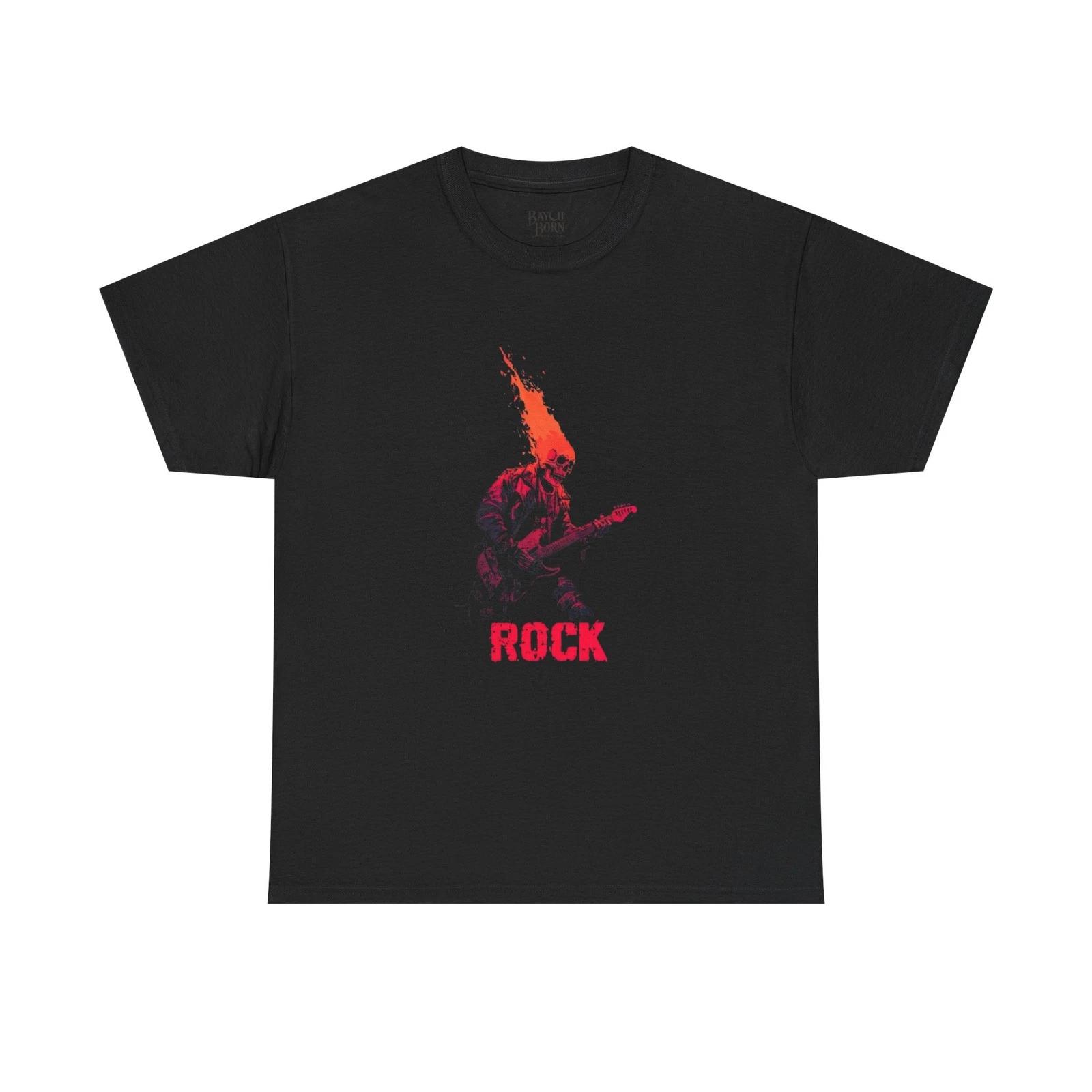 Flaming Guitar Skull Rock T-Shirt | Electric Guitar Graphic Tee S