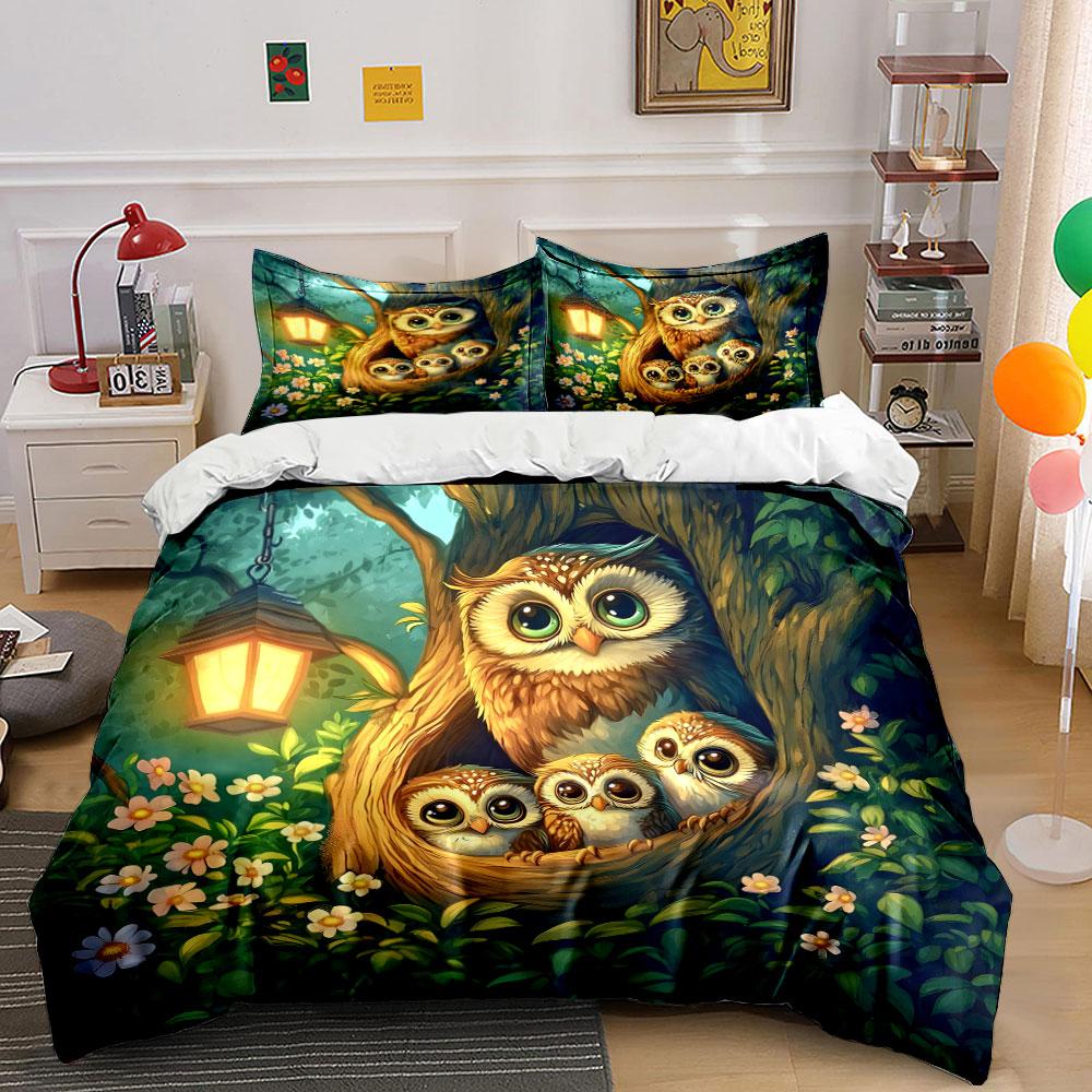 Cute Owl Family Decorative Set Bedding Set With 1 Duvet Cover 2 Pillowcases Single Double King Queen, Gift