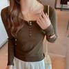 Threaded button long-sleeved bottoming shirt women's inner design sense front shoulder t-shirt high sense can be worn outside autumn and winter top