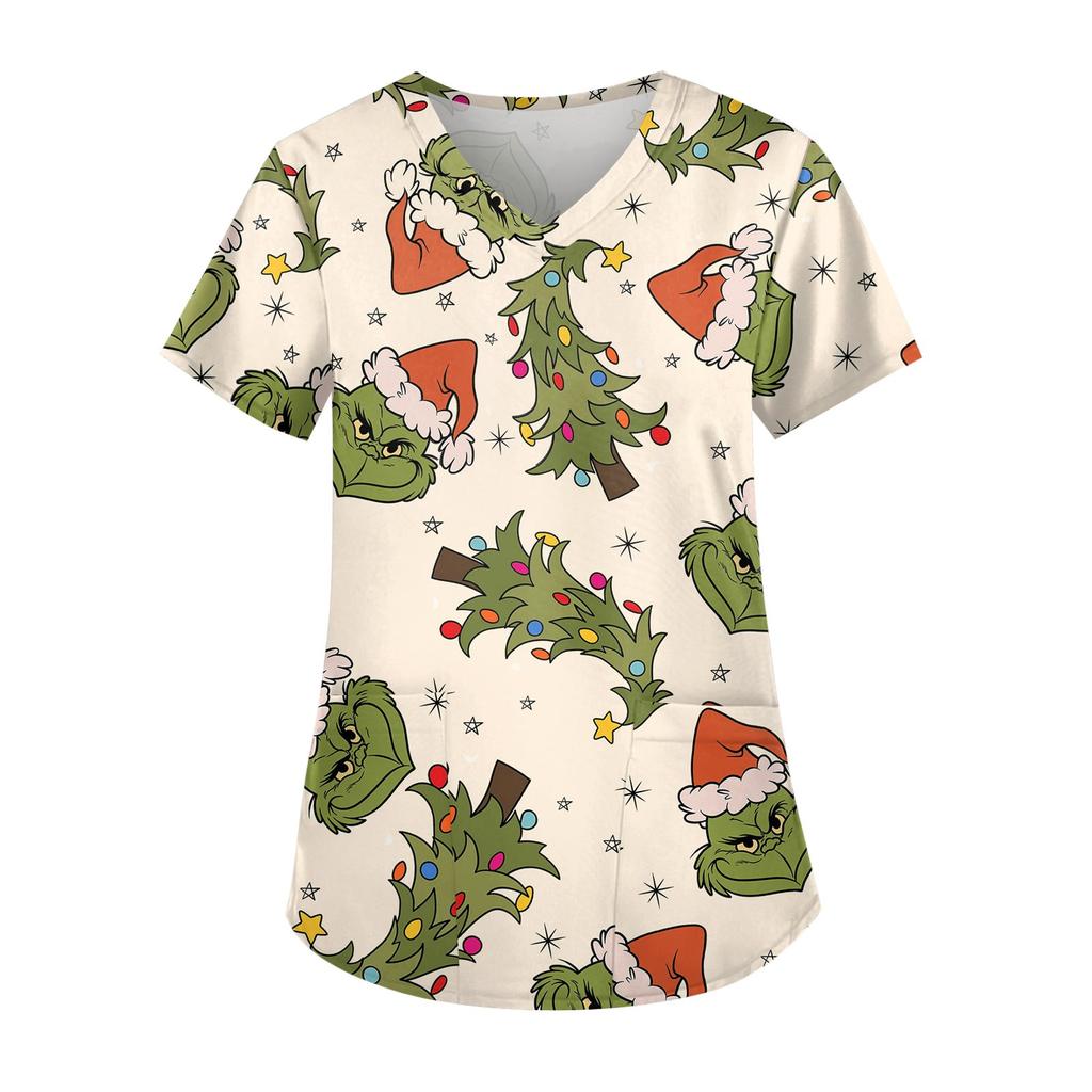 Women's Cute Printed Work Clothes V-neck Double Layer Pockets Basic Short Sleeve Top Pullover Christmas