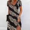 Summer Fashion Women's V Neck Short Sleeve Leopard Print Stitching Printed  Dress Sex Short Skirt Dresses