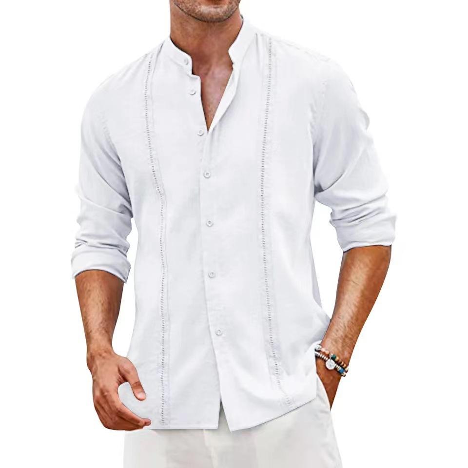 Herrkläder Casual Långärmade Enfärgade Skjortor Toppar Vår Sommar Mode Stand Collar Lösa Linne-T-shirts Kofta Herr Streetwear