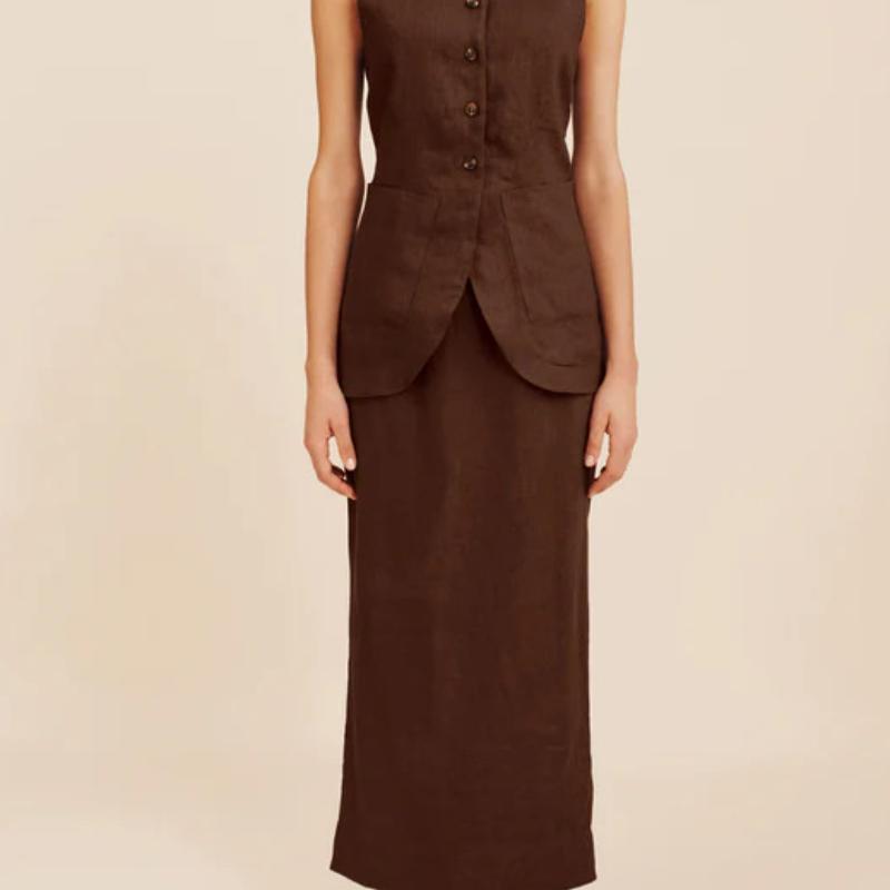 New French Style Lazy Casual Pure Cotton Square Neck Sleeveless Vest and Skirt Set for Women