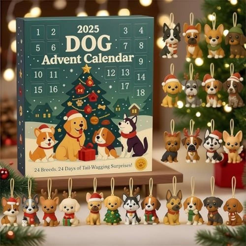 2D Dog Advent Calendar 24 Pieces with Breed Ornaments Festive Dog Breed Ornaments Reusable Christmas Countdown Calendar