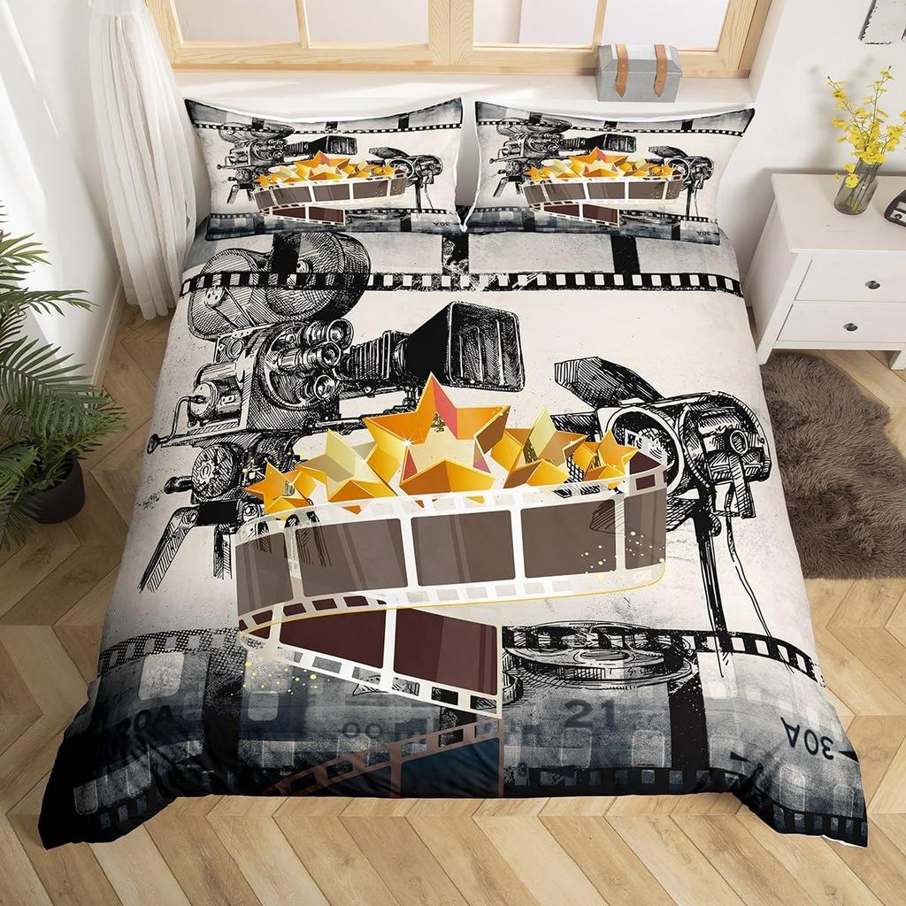 Movie Theme Duvet Cover Movie Theater Decor Bedding Set Full King Vintage Cinema Ticket Clapboard Popcorn Print Comforter Cover