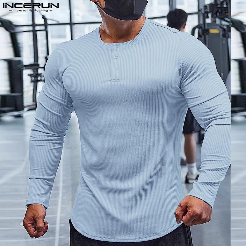 INCERUN Men Round Neck Long Sleeve Rib Casual Fitted Tops T-shirts Undershirts