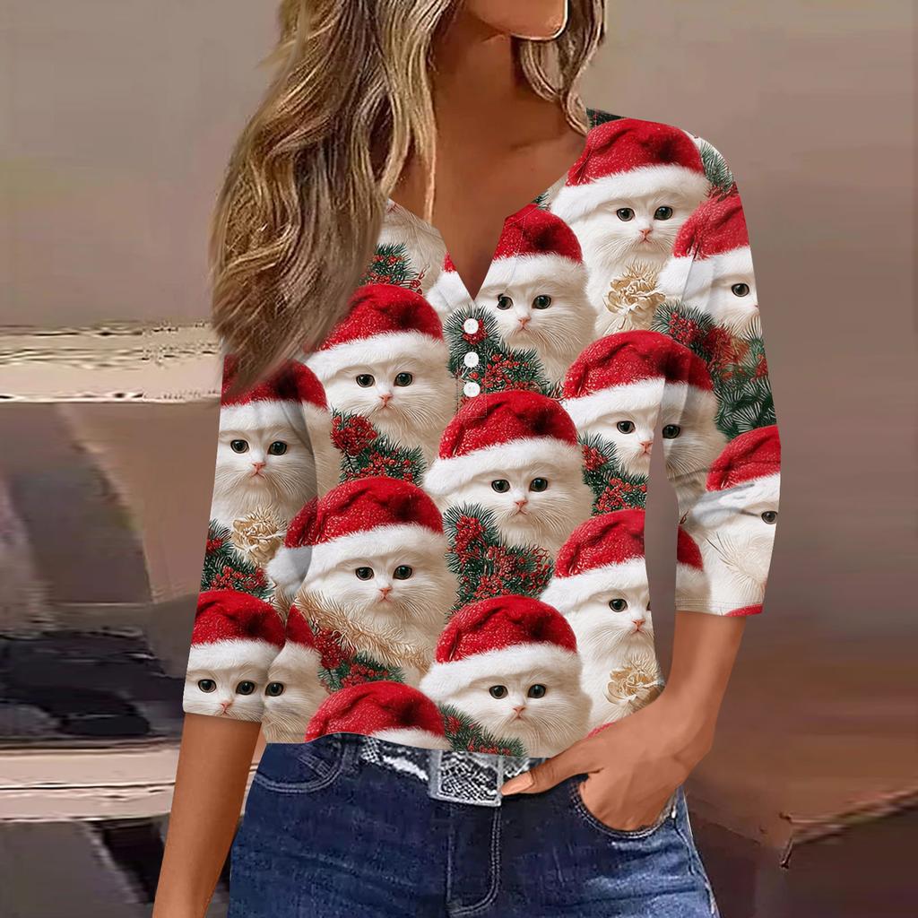 Damenmode Lässig Halloween Bedruckt V-Ausschnitt Kurzarm Zierknopf Dreiviertelarm T-Shirt Top