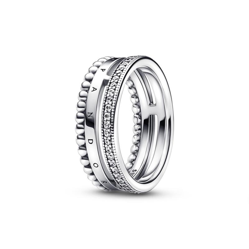 Pandora Signature Series Logo Pavé Pave Beaded Three-in-One Ring Women’s Silver #Good Luck 192312C01