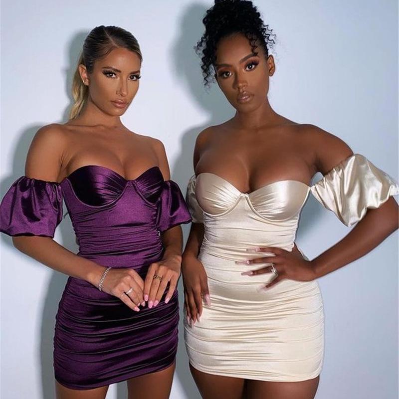 European and American New Satin Temperament Short Skirt, Chest Wrapping Lantern Sleeves Sexy and Thin Solid Color Dress