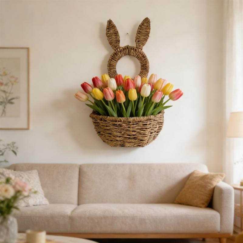 Handwoven Rabbits Ear Shape Flower Basket Natural Rattan Breathable Flower Holder for Home Decors and Storage