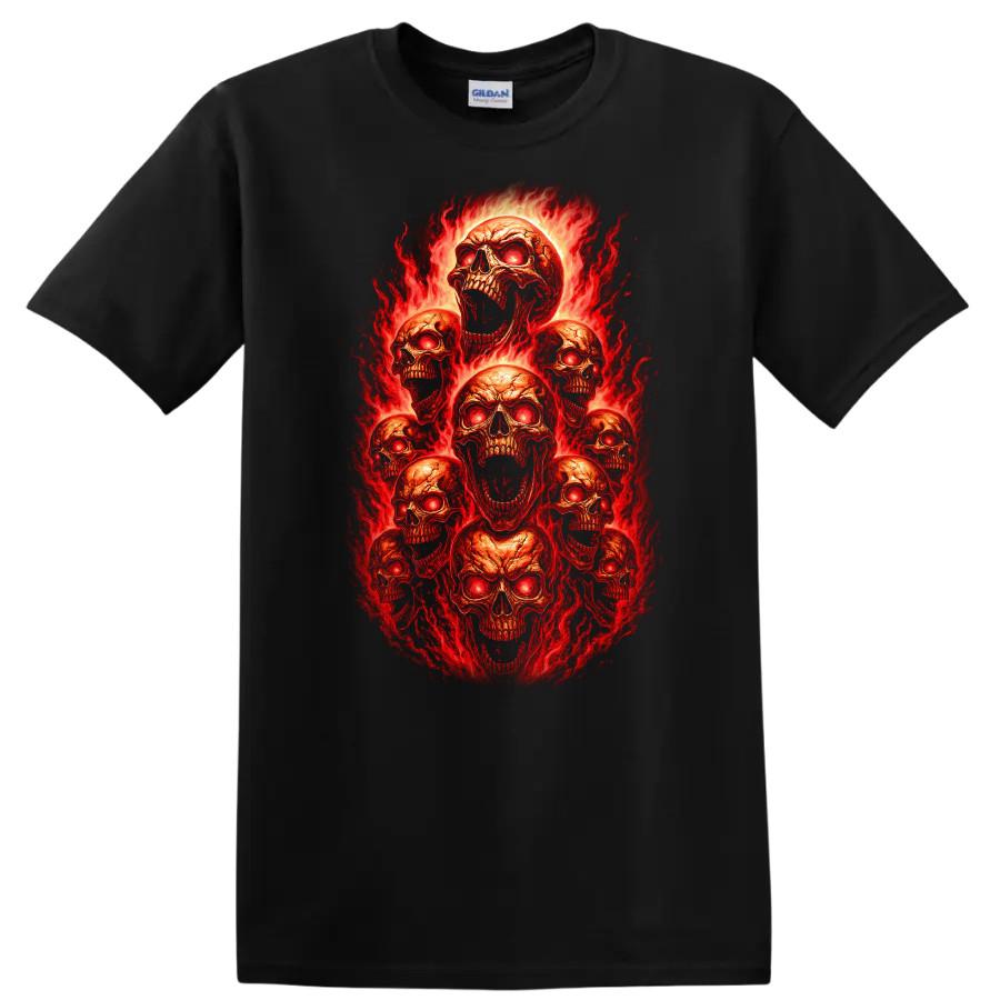 Skull Fire Graphic T Shirt Horror Design Creepy Tee for Halloween Enthusiasts