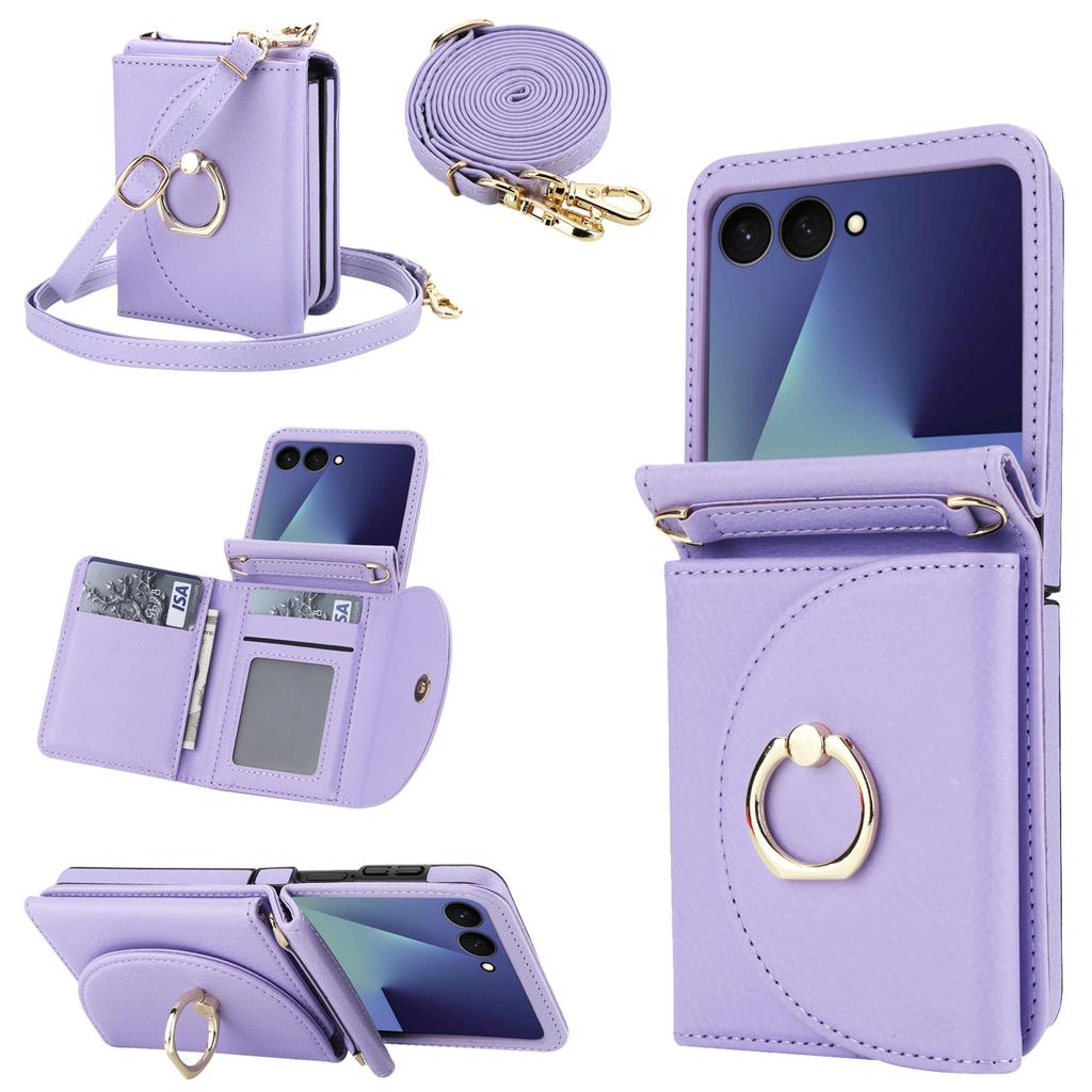 Crossbody Ring Holder Cards Solt Wallet Flip Leather Phone Case For Samsung Galaxy Z Flip 7 6 5 4 3 7FE Adjustable Strap Cover