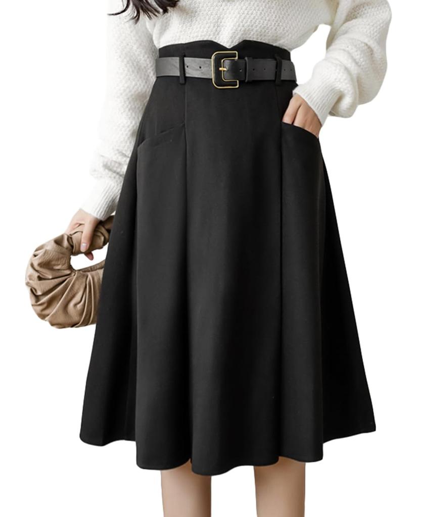 NEZIH and Pleated Skirt with Solid Flared Stylish Women's Knee-Length Skirt, Spring, Autumn, Winter, High-Waisted, A-Line, Belted, Pockets, Elegant,