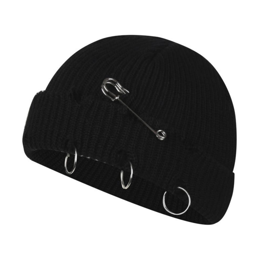 Fall And Winter Trendy Solid Color Safety Pin Iron Ring Knitted Wool Hat, Vintage Holey Pullover Wool Hat