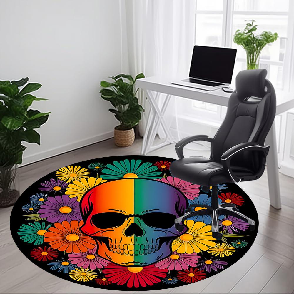 1pc Skull Flowers Chair Carpet for Office, Round Non Slip Durable Large Size Office Carpet, Suitable for Office