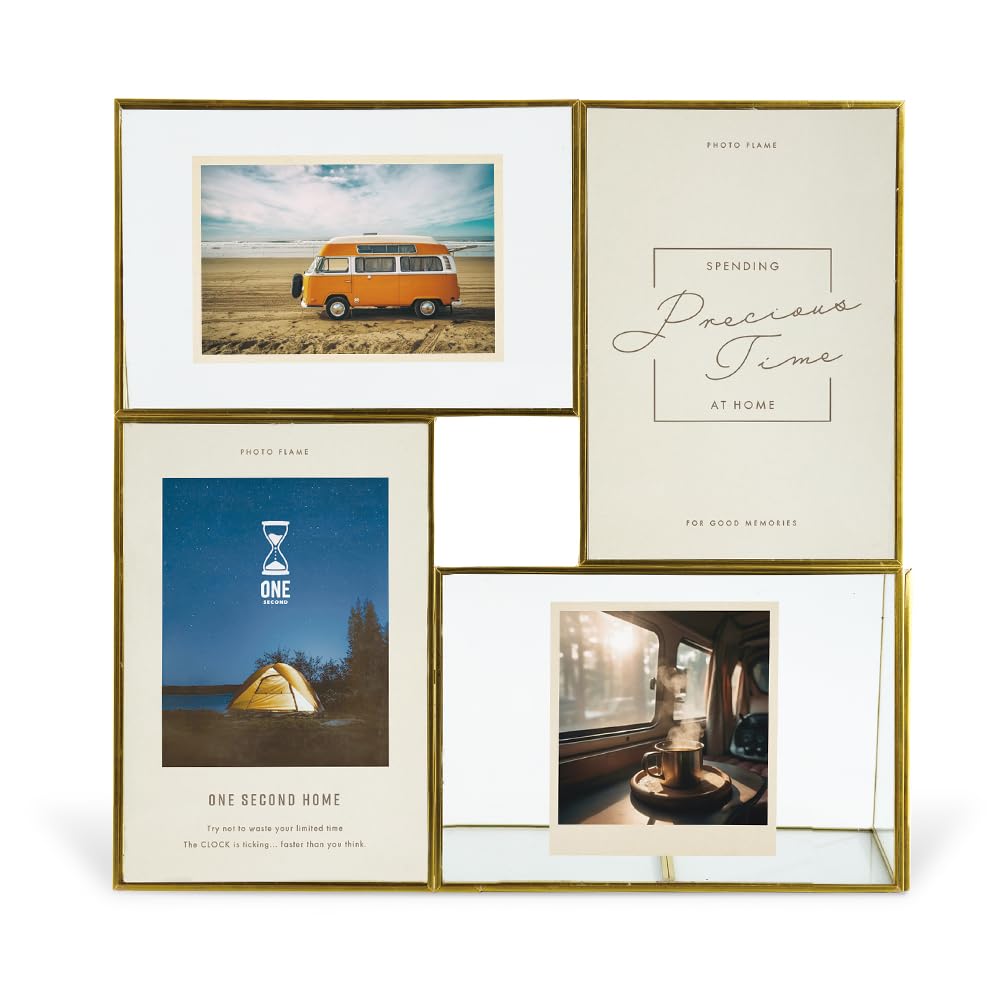 

One Second Photo Frame, Interior Frame, Multiple Glass Panels, Simple Vintage Style, Fits L-size Postcards, Multi-panel Metal Frame, 4 Windows