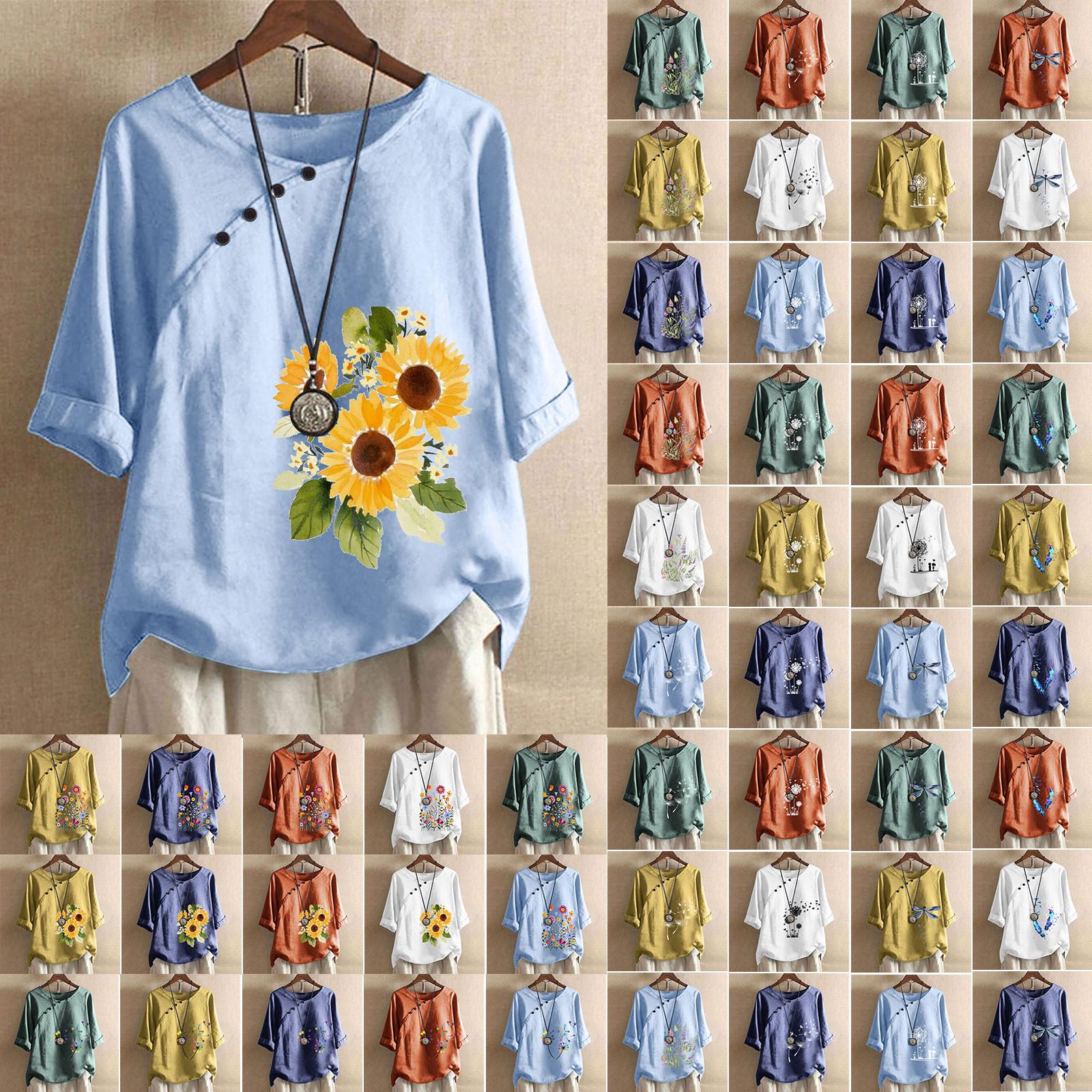

Рубашки для женщин, повседневные летние топы большого размера из хлопка и льна с круглым вырезом и короткими рукавами, с принтом на пуговицах