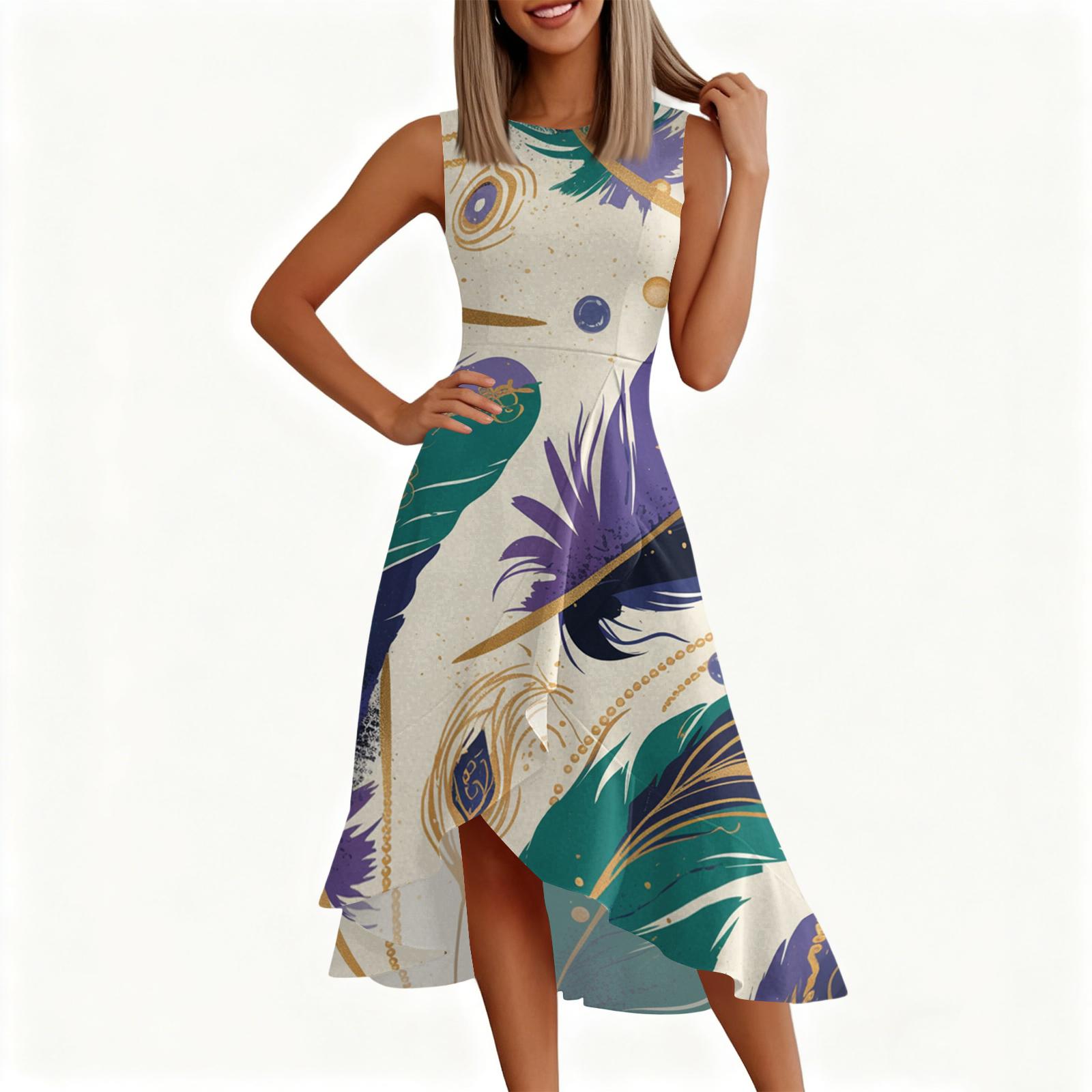 

Женское модное повседневное платье без рукавов с круглым вырезом, принтом, оборками и молнией S