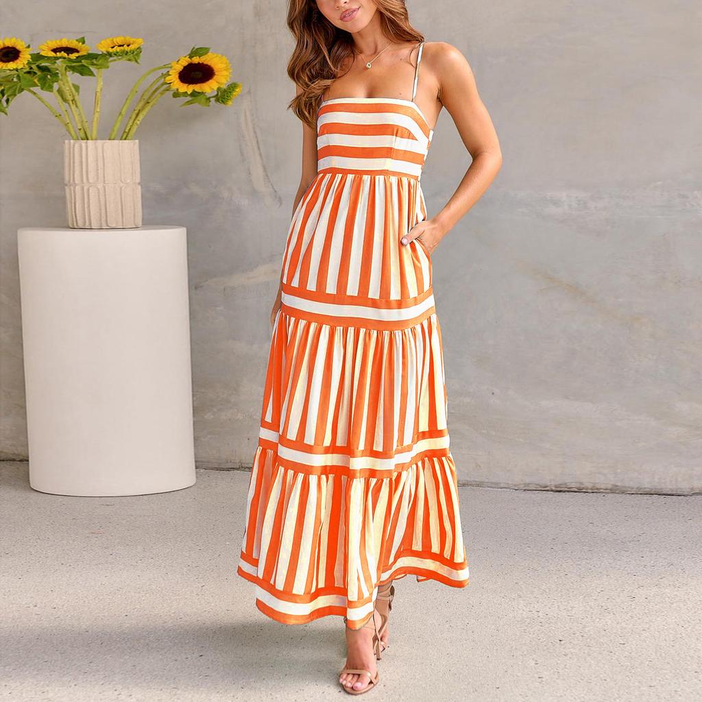 GMXIA Women's Striped Positioning Print Halter Halter Pocket Dress for Women