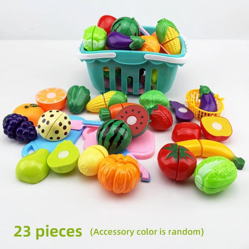 Cutting Food Kitchen Toys Set Simulate Fruit Vegetable Accessories with Shopping Basket Role Play Education Toy for Toddler Gift