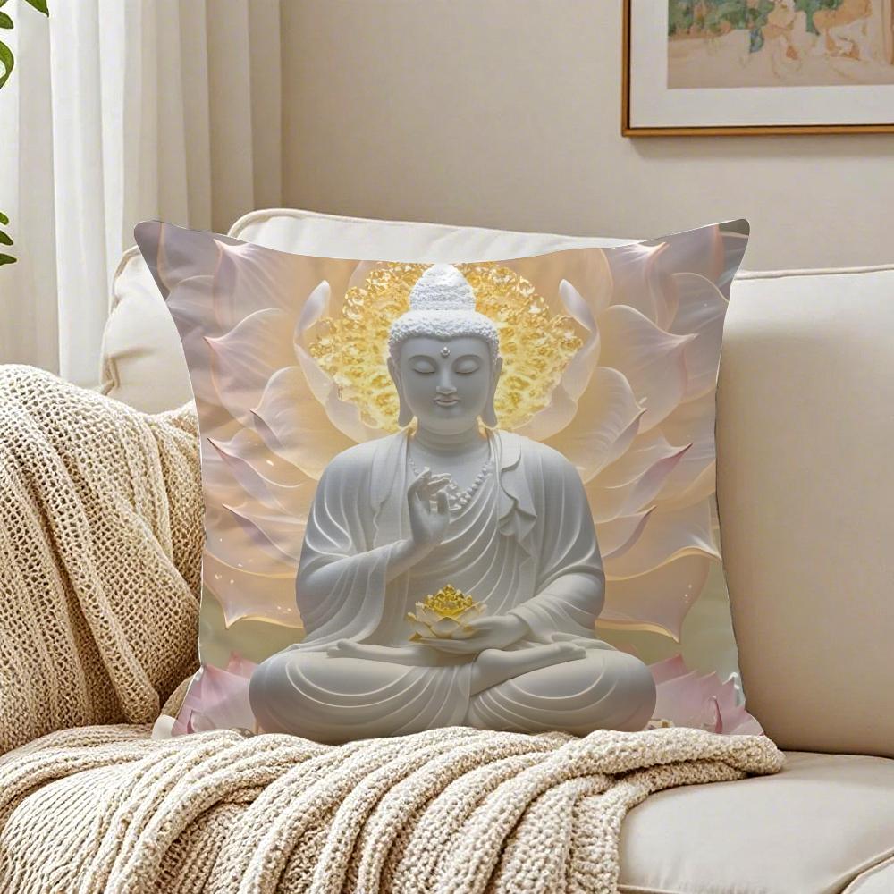 Buddha Statue And Lotus Cushion Cover Breathable Short Plush Pillow Cases Machine Washable Wrinkle-Resistant Soft Durable