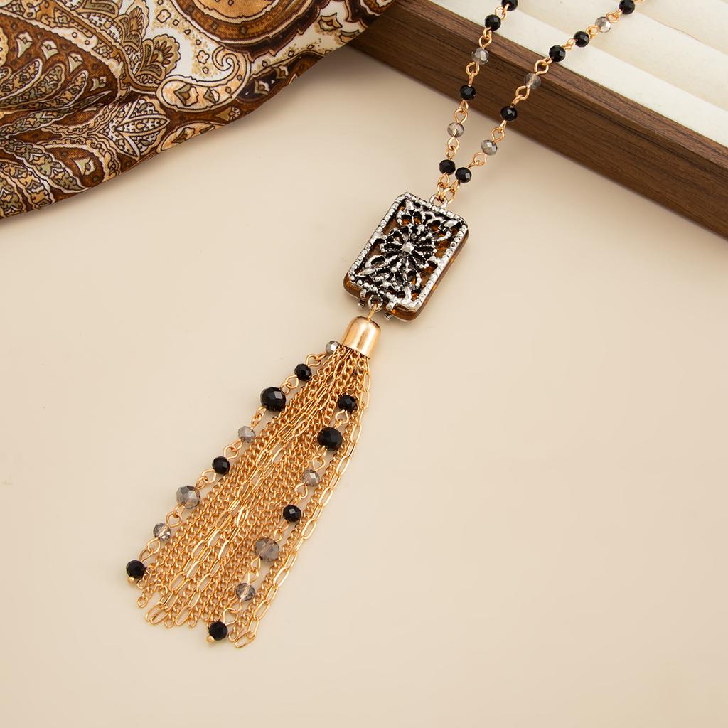 SHIXIN Vintage Metal Tassel Crystal Long Chain Necklace Women Bohemian Geometric Square Pendant Necklace Sweater Chain Jewelry