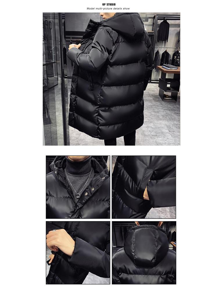 Men's Korean Style Hooded Down Cotton Jacket - Mid-Length, Thickened, Winter Outerwear.