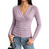 Women's Long Sleeve V-Neck Ruched Top Slim Fit Blouse for Casual Work Everyday Wear