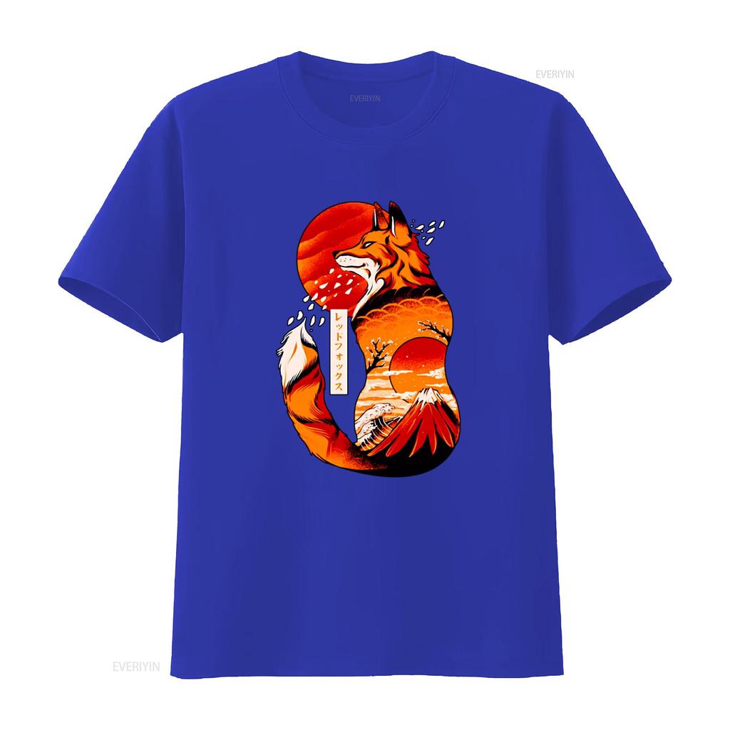 Japanese Fox Print T Shirt for Cool Vintage Washed Slightly Breathable Unisex Casual Soft Designer Clothes Streetwear