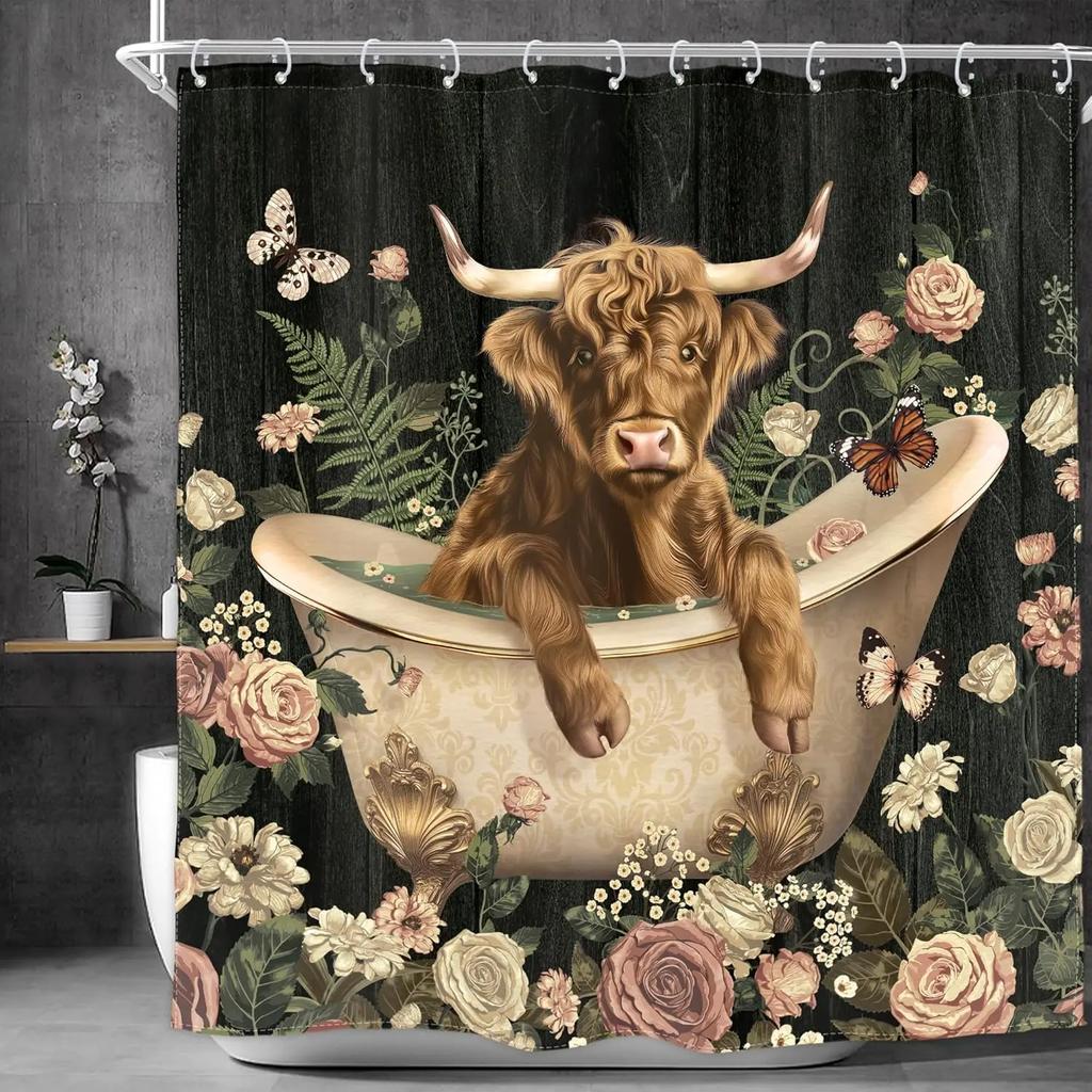 Funny Rubber Duck Shower Curtain Cute Yellow Pink Kids Animal in Bathtub Lovely Green Plants Botanical Brush for Teens Boys