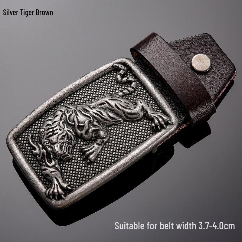Tiger Head Alloy Western Cowboy Leather Belt with Smooth Buckle