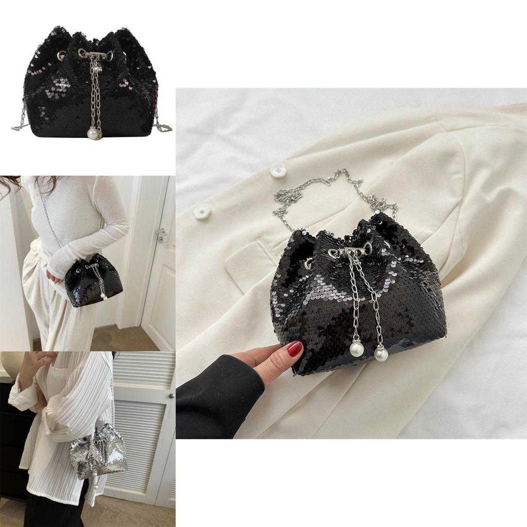 Trendy Chain Bucket Bag 2023 Summer New Sequin Shoulder Bag Street Fashion Commuter Crossbody Bag