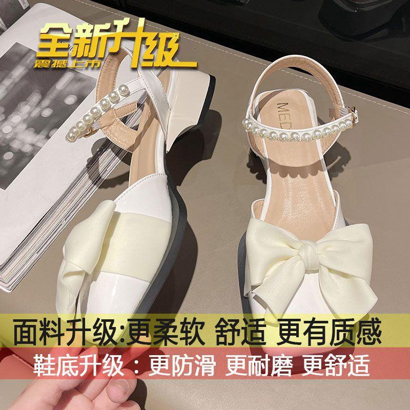 

Baotou bow sandals women s summer 2025 new fashionable versatile retro thick heel non-slip Mary Jane small leather shoes 40