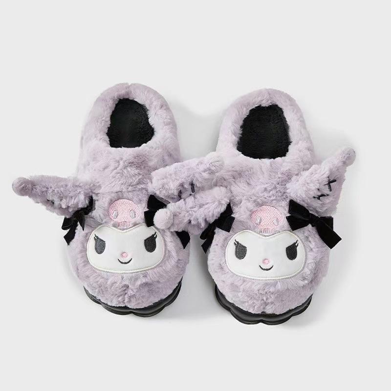 Black Kuromi Plush Cotton Slippers for Women - New Autumn/Winter 2024 Style, Thickened & Warm.