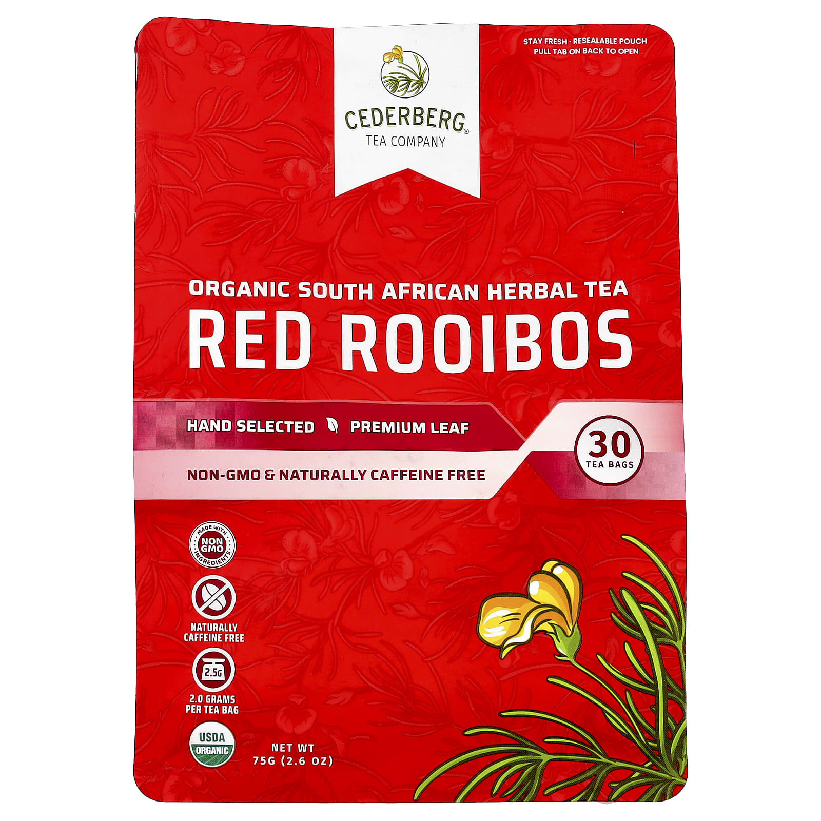 

Cederberg Tea Co, Organic South African Herbal Tea, Red Rooibos, Caffeine Free, 30 Tea Bags, 75g (2.6oz)