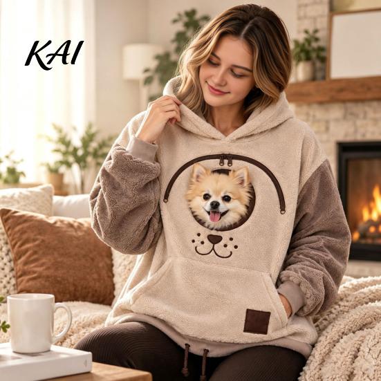 Warm Fleece Pet Holder Cat Hoodie with Pouch, Carrier Sweatshirt for Dog & Cat, Hooded Pullover, Hands Free Pouch Kangaroo Pocket, Drop Shoulder