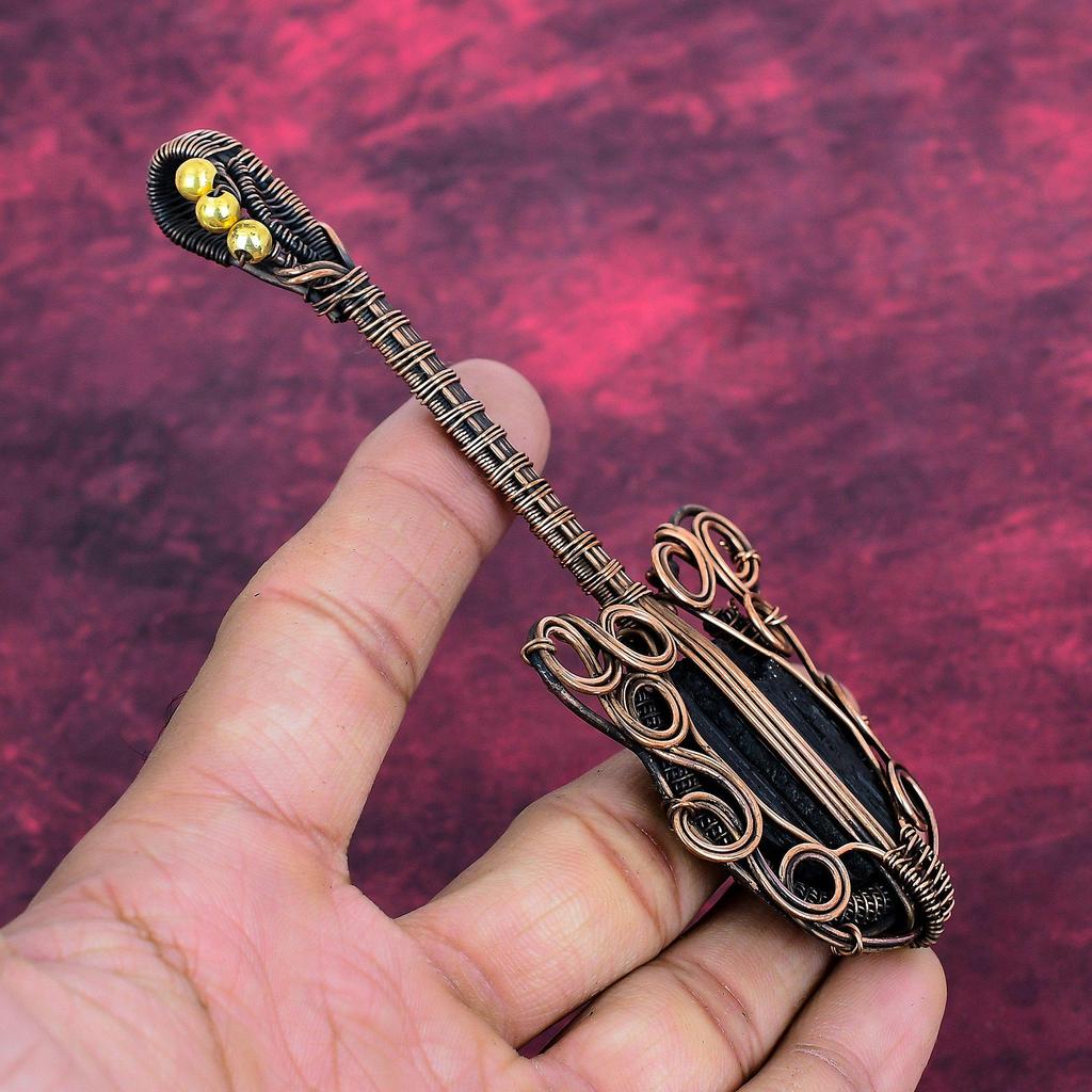 Black Tourmaline Rough Gemstone Pendant Guitar Copper Wire Wrapped Unique Pendant