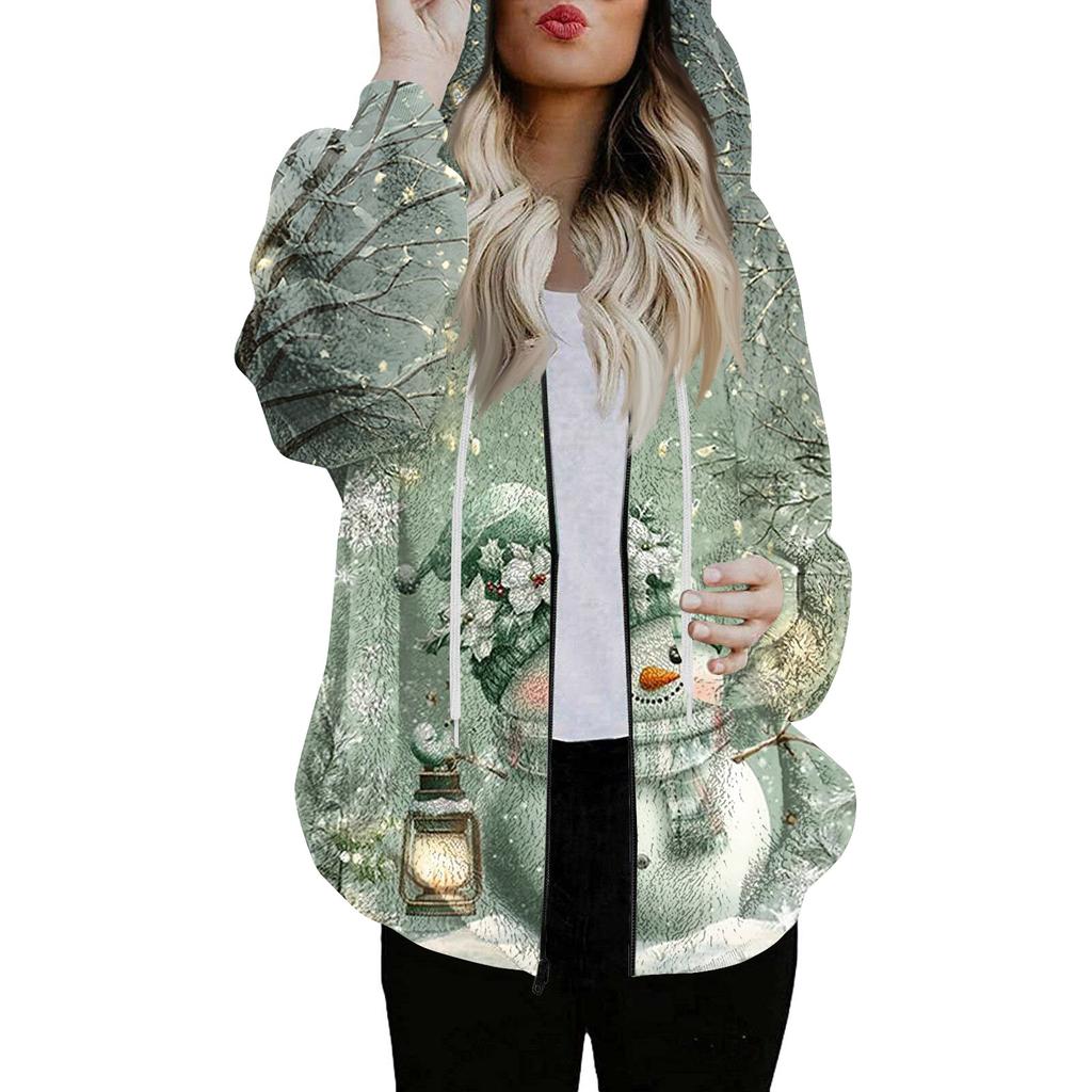 Women's Fashionable Casual Zippered Hooded Christmas Print Drawstring Furry Sweatshirt Jacket