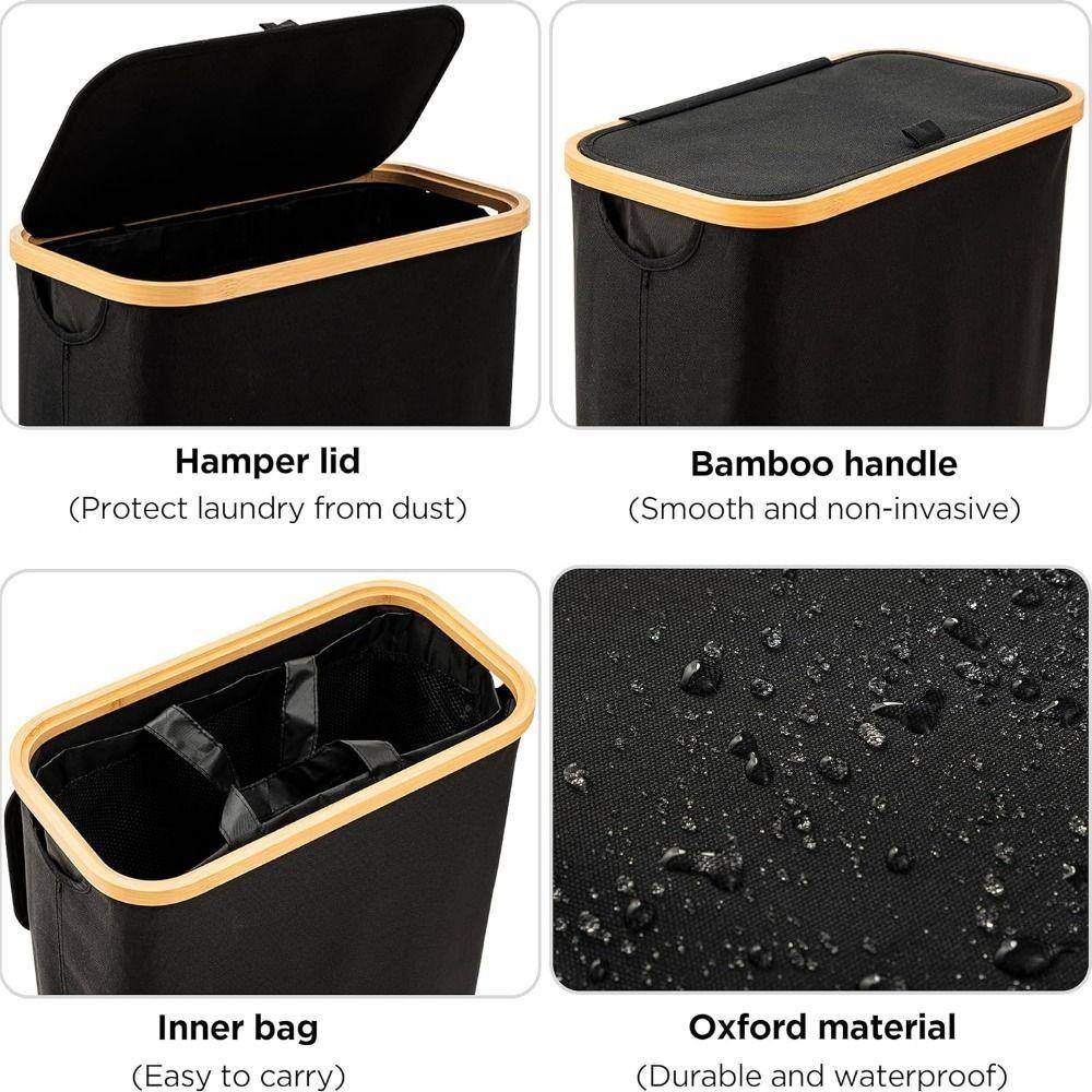 Collapsible Slim Laundry Hamper with Lid Bamboo Handles Removable Inner Bag Clothes Basket Bin Foldable Freestanding
