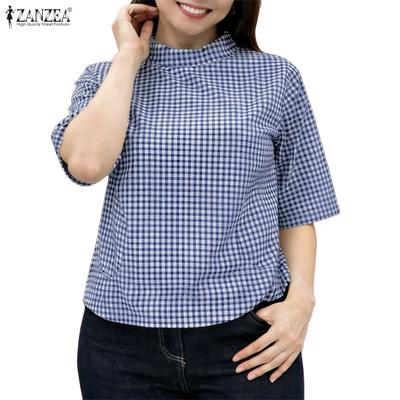 Blusa Feminina Casual Gola Alta Solta Estampa Xadrez Meia Manga