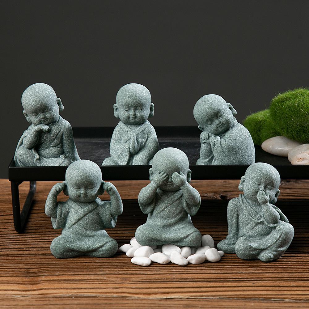 Green Sandstone Little Monk Zen Ornaments - Desktop Rockery Bonsai for Tea Table or Living Room.